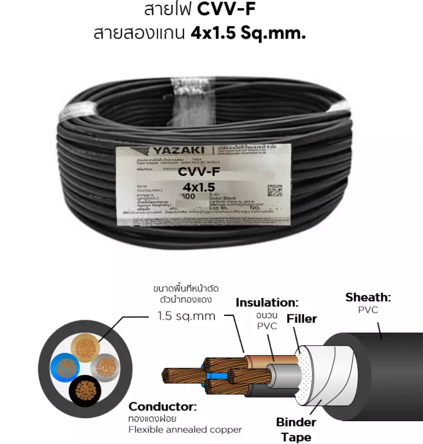 สายไฟ CVV-F 4x1.5 ตร.มม. YAZAKI 100 ม.